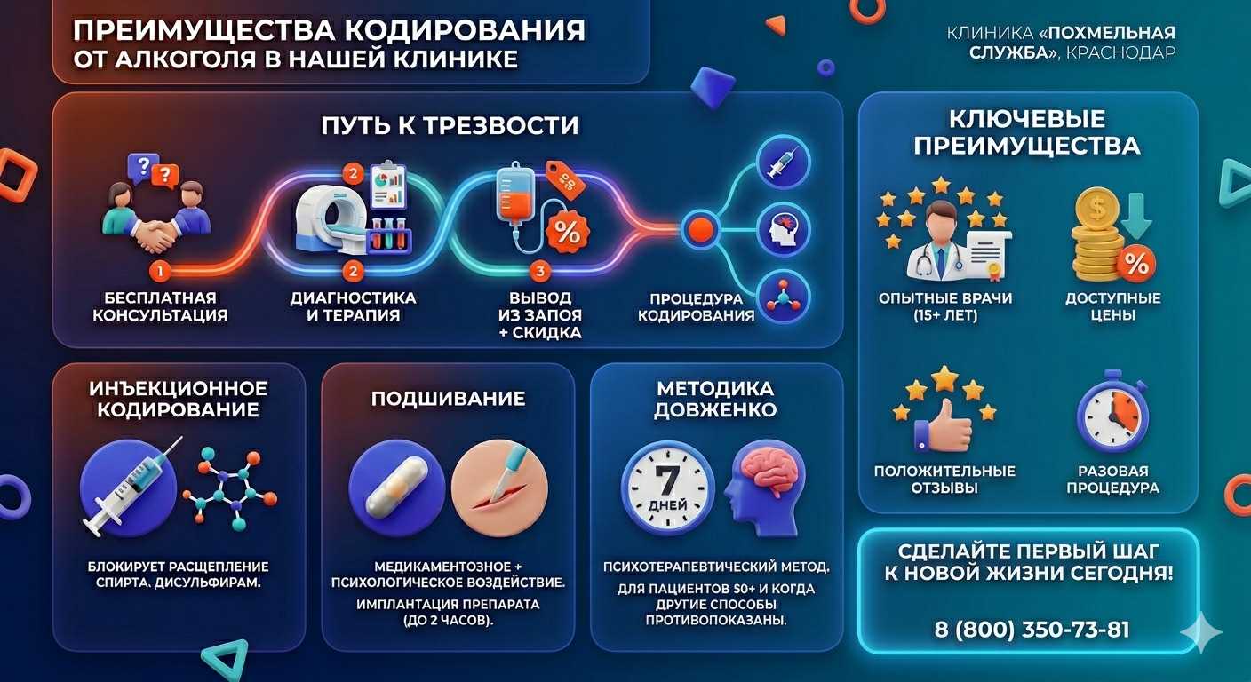 Инфографика о методах кодирования от алкоголя в Северодвинске: инъекции, подшивание, метод Довженко. Преимущества клиники и этапы лечения.