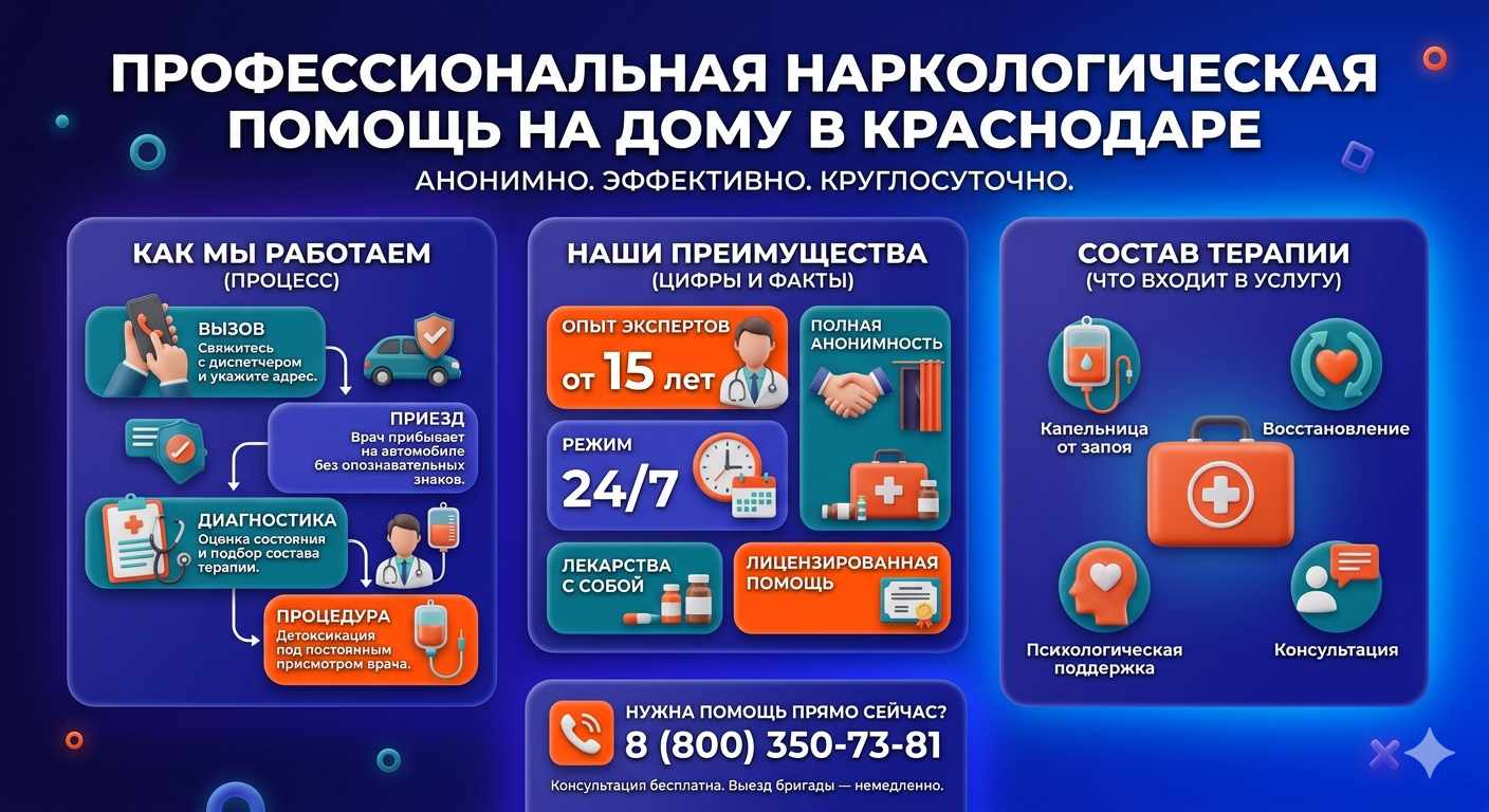 Инфографика о принципах лечения алкоголизма на дому в Северодвинске: этапы вызова нарколога, преимущества анонимной детоксикации и состав медицинской помощи.